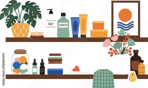 Shelves display plants, soaps, lotions, and decorative items in a home setting.