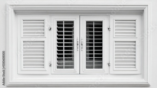 A white shuttered window with clean lines  creating a minimalist aesthetic in a bright setting.