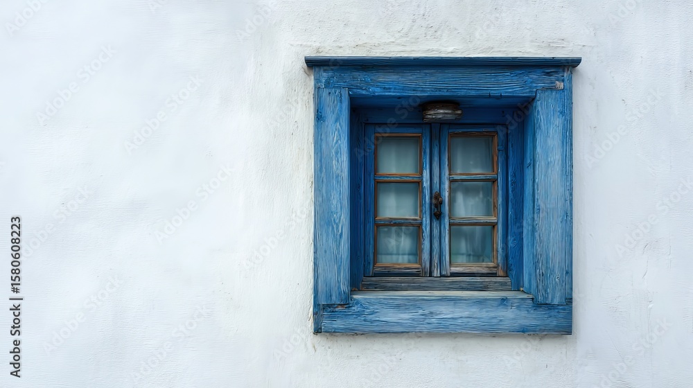 Charming blue window with wooden shutters against a white wall, showcasing traditional architectural style. Charming blue window with wooden shutters against a white wall, showcasing traditional architectural style.
