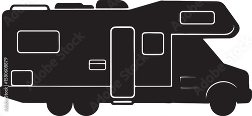Black and white vector illustration of a modern recreational vehicle for travel