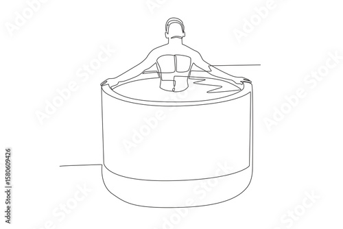 Man soaking in the bath for relaxation. Mental health retreats concept one-line drawing