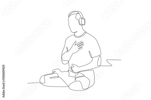 Man doing yoga while listening to relaxation music. Mental health retreats concept one-line drawing