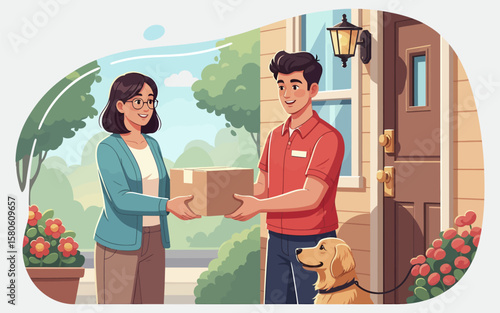 Delivery person handing a package to a woman with a friendly dog present.