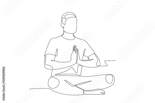 Men who do yoga to relieve stress. Mental health retreats concept one-line drawing