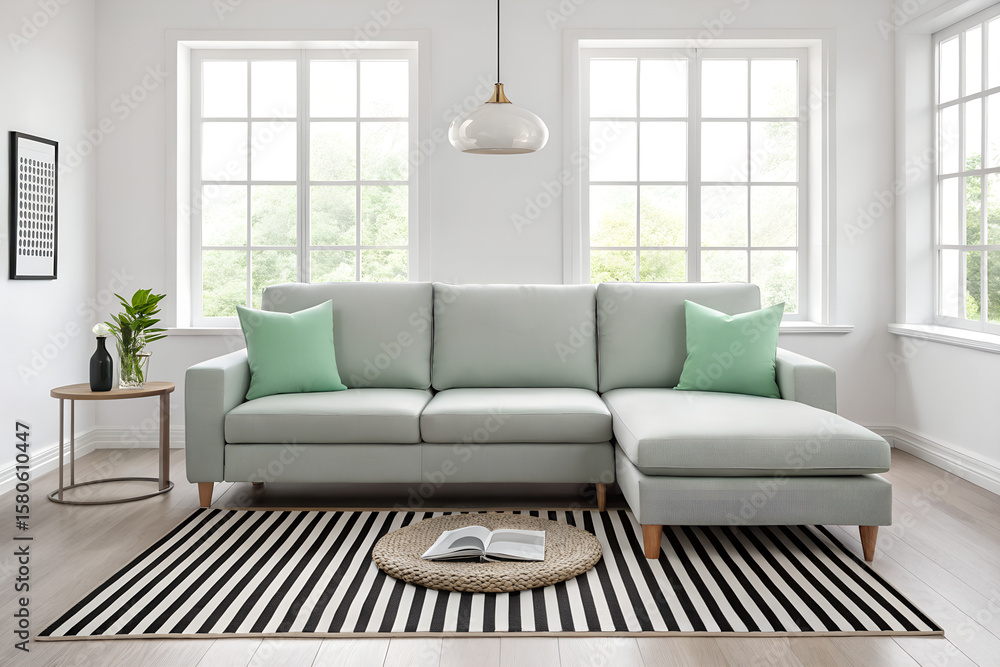 Fototapeta premium Light gray sectional sofa with green pillows black and white striped rug and windows