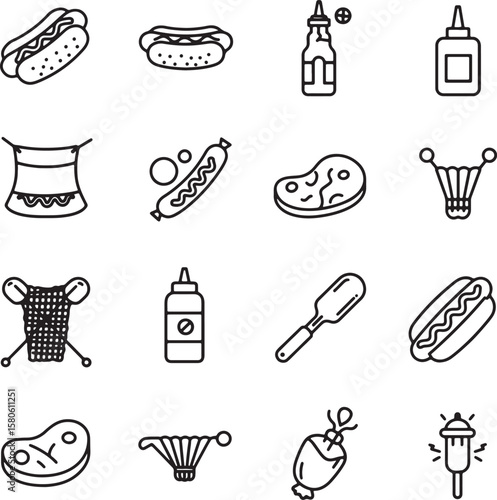 Outline icons of barbecue and picnic food items perfect for summer outdoor events.