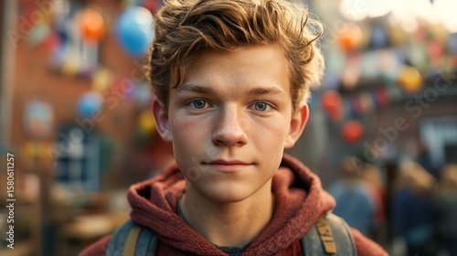 Wallpaper Mural A boy with red hair and blue eyes is wearing a red hoodie and backpack. He is standing in front of a building with colorful balloons Torontodigital.ca