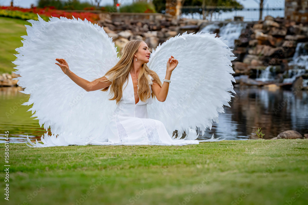 Naklejka premium Serenity in White: The Poise of an Angel