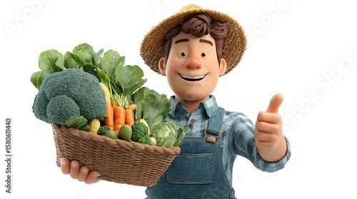 joyful farmer animation character holding basket of vegetables on white background --chaos 10 --ar 16:9 --v 7 Job ID: b9446fdc-971c-4d84-b9c6-b5f9ebeebefc
