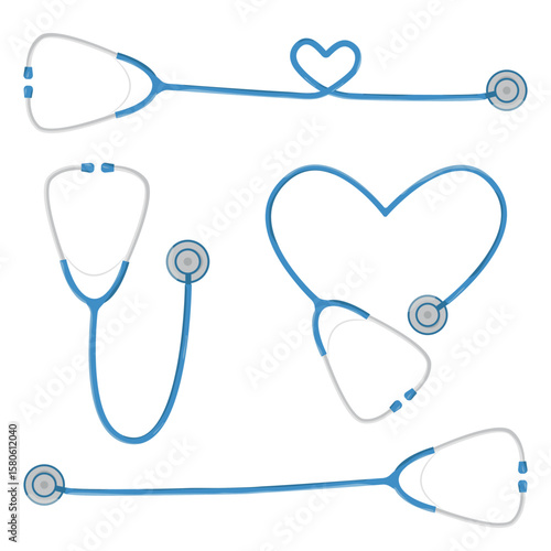 A premium set of four clean, flat style outline icons featuring a stethoscope in different configurations Classic angled design, Straight horizontal tubing, Tubing shaped as a heart, Heart shaped
