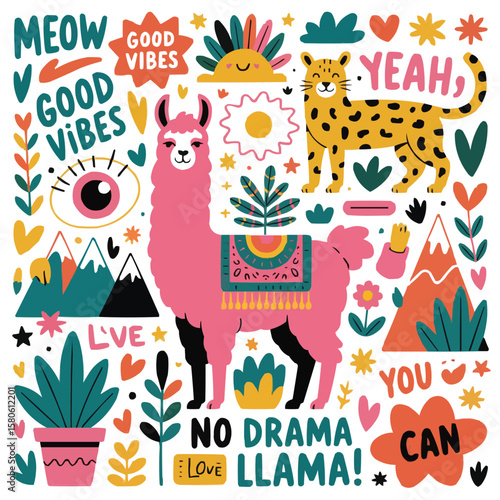 Whimsical pink llama surrounded by fun elements and positive affirmations