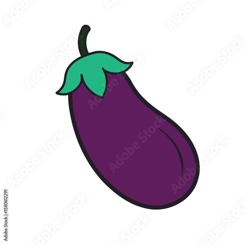 Vector Illustration of Fresh Eggplant with Detailed Leaves on White Background
