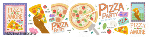 Italian pizza. Vector isolated retro illustration of a slice of pepperoni pizza with mushrooms, tomatoes and bacon, hand drawn for vintage restaurant, pizzeria or cafe wall poster or icons