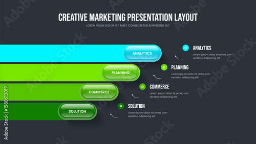 Service Showcase 4 Step Diagram Presentation Design. Digital Plan Four Element Infographic Frame Template. Consulting Insight Slideshow Layout Vector Illustration.