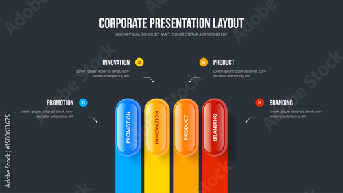 Business Campaign 4 Step Diagram Frame Template. Corporate Analysis Slide Design Vector Illustration. Sales Performance Four Element Infographic Slideshow Layout.