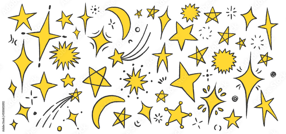 Naklejka premium Crayon Star and Moon Doodle Set in Hand-Drawn Style. Includes Spark Yellow Stars