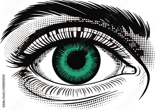 Close up of a detailed stylized human eye with vibrant green iris and dramatic eyelashes