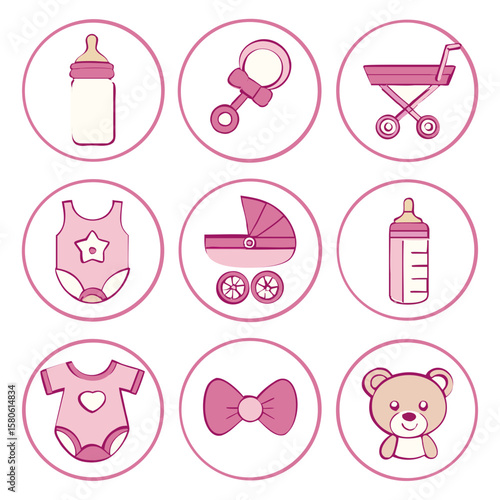 Baby items pink icons bottle