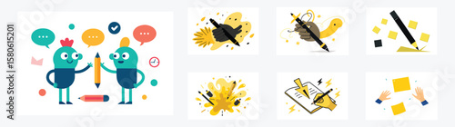 Friendly cartoon characters brainstorming ideas, collaborative writing, playful design, positive mood.