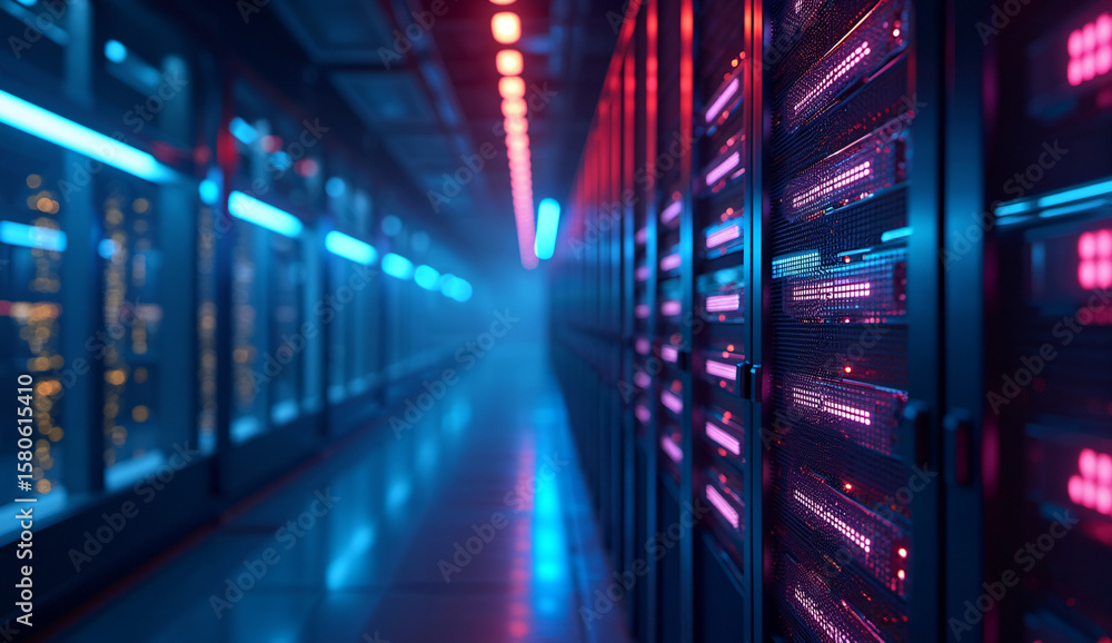 Server Room with Illuminated Racks and Cooling System Server Room with Illuminated Racks and Cooling System