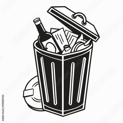 Overflowing trash bin with bottles, paper and household waste, Urban garbage pollution concept