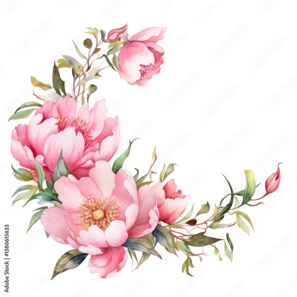 Fototapeta premium Peonies flower corner frame flowers illustration watercolor.