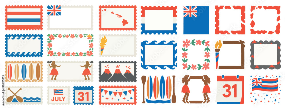 Obraz premium Hawaiian Postage Stamp Frame Set with Cultural and Patriotic Elements