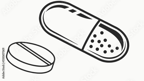 Illustration showing a capsule with dots and a round pill with a line on a white background vreated with genrated ai