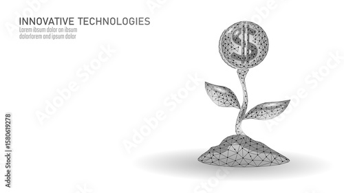Money plant illustration depicting growth. Growing finances concept visualization. Investment economy banking business success applications. Polygonal style teal blue background vector