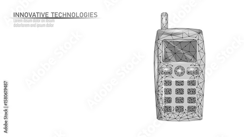 Old mobile phone illustration. Cellular telephone communication gadget polygonal art. Telecommunications history design nostalgia. Blue dark background low poly vector