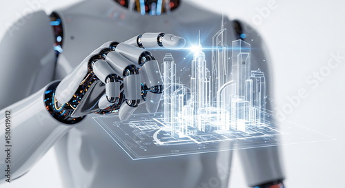 AI Robot Hand Interacting with Futuristic City Plan