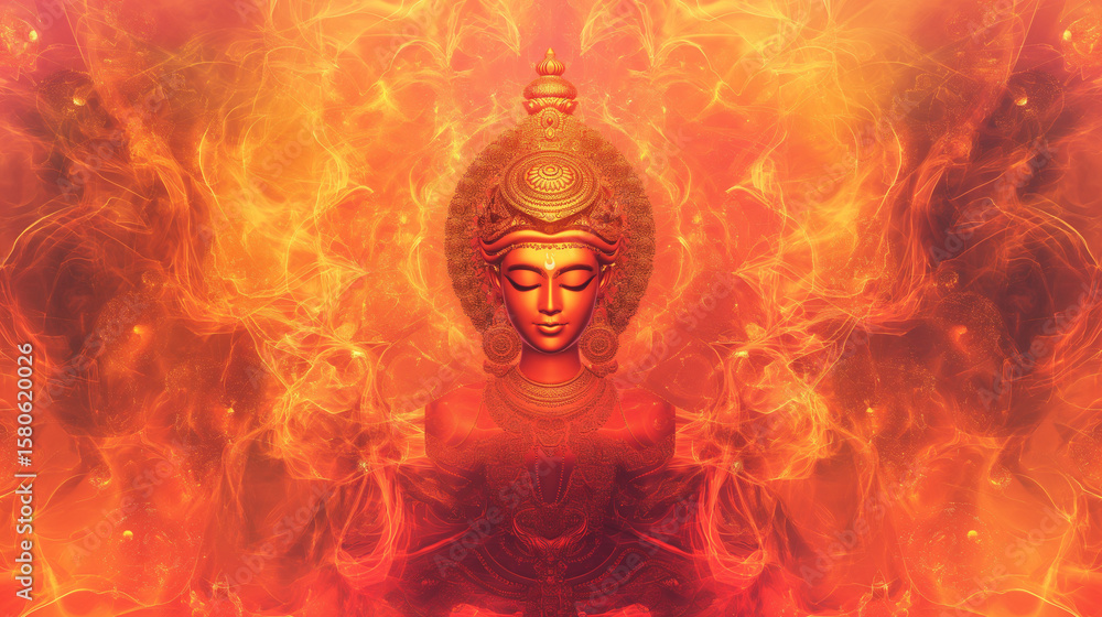 Fototapeta premium Durga idol emerging from abstract fire mandala