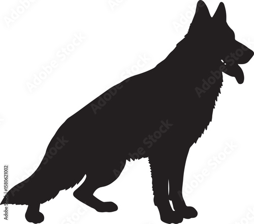 Black silhouette of a german shepherd dog in a sitting position isolated on white background