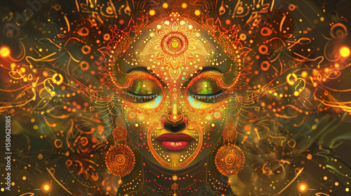 Scary devil face mask with abstract fractal background in dark horror style