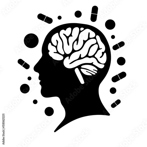 Silhouette of brain with capsule icons, cognitive support and memory aid