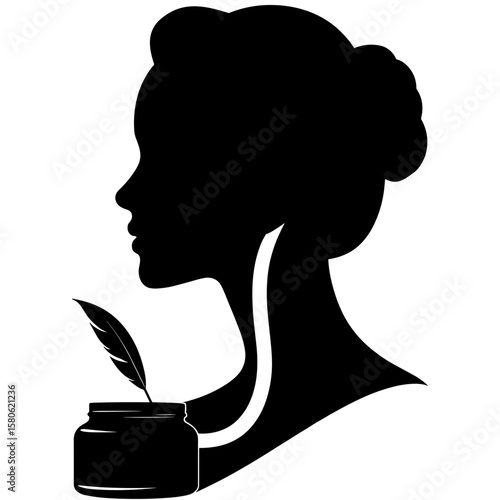 Silhouette of woman with ink jar and feather, artistic inspiration concept