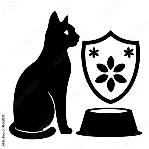 Silhouette of elder cat beside bowl and shield, pet longevity and care