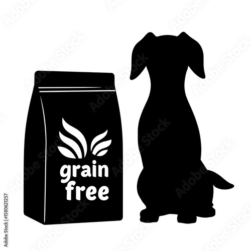 Silhouette of dog beside grain free bag, allergy control nutrition