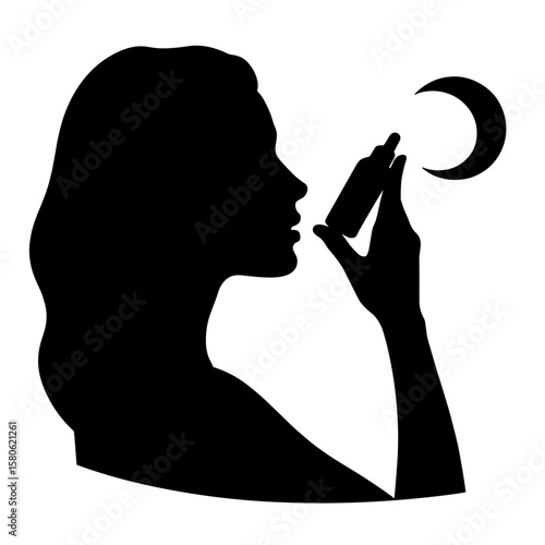 Silhouette of person applying night serum with moon symbol, skincare routine concept