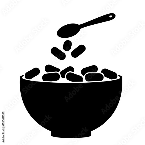 Silhouette of food bowl with pills and spoon, nutritional dosage control