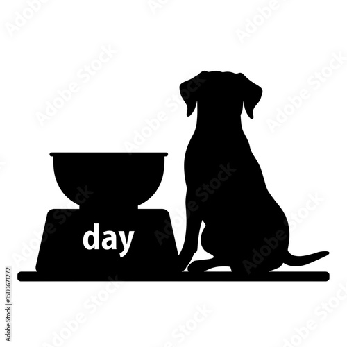 Silhouette of dog beside food bowl labeled "day", pet feeding routine