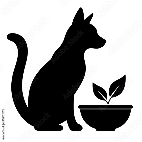Silhouette of cat with slow feeder bowl and leaf, mindful eating and calm digestion