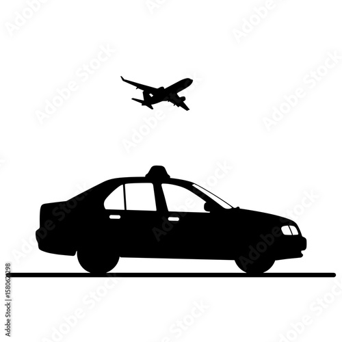 Silhouette of taxi with airplane in sky, airport transport and travel concept