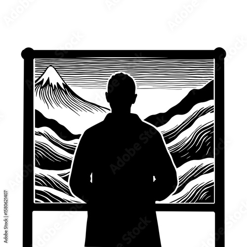 Silhouette of person observing Japanese woodblock print, Eastern art appreciation