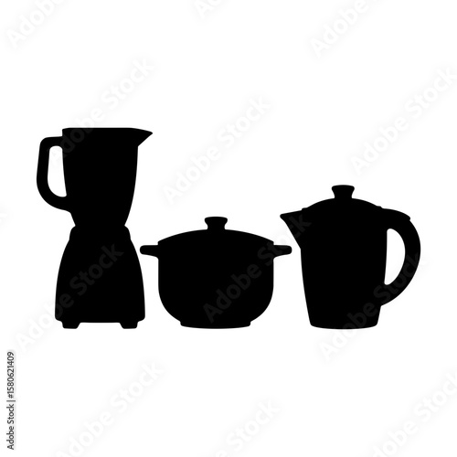 Silhouette of kitchen appliances: blender, cooker, and steamer on white background