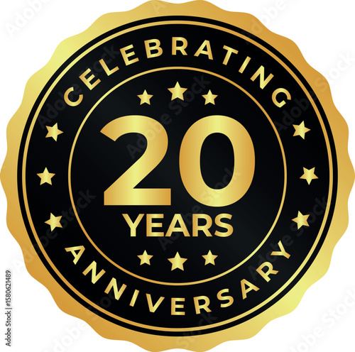 20th anniversary gold badge with elegant celebration label design