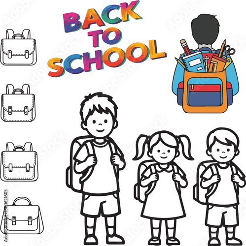 Back to school vector with kids carrying unique school bags, books, pencil-filled backpacks, cartoon children, and Back to School text. Perfect for education, classroom, and stationery design.