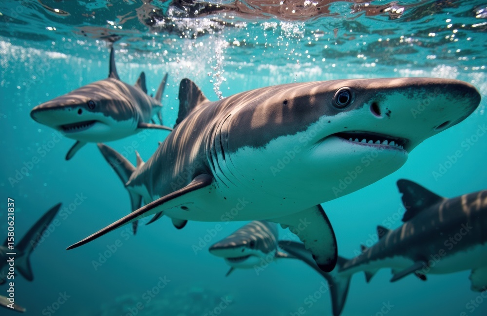Fototapeta premium Group of sharks swimming underwater in a vibrant ocean scene