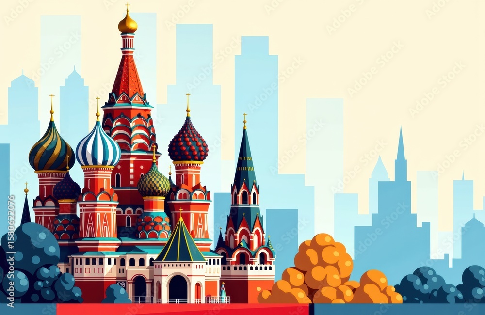 Fototapeta premium Colorful illustration of Saint Basil's Cathedral in Moscow with a city skyline in the background