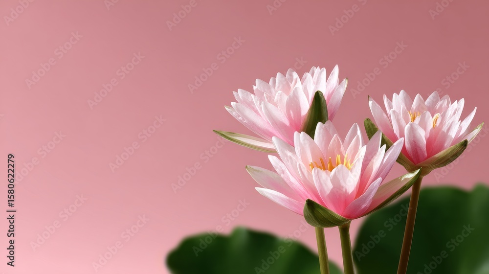 Obraz premium Delicate pink water lilies float gracefully against a soft pink backdrop. Perfect for nature lovers and floral enthusiasts. Capture the beauty of tranquility in your projects. AI
